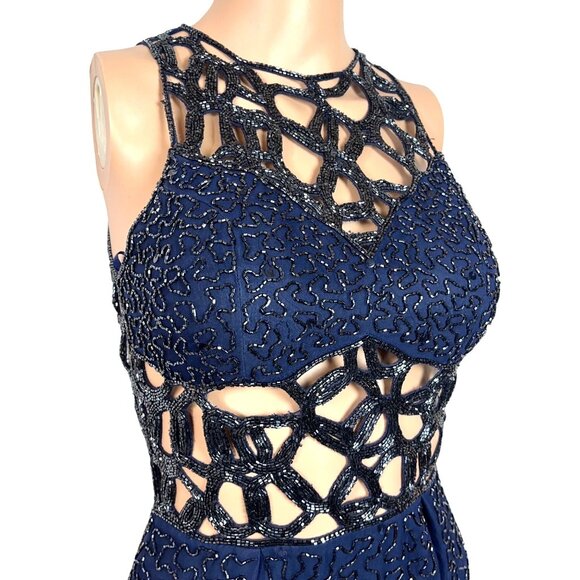 Sean Collection Navy Cutout Beaded Silk Gown Fully Lined Formal Evening Dress XS - Picture 3 of 12